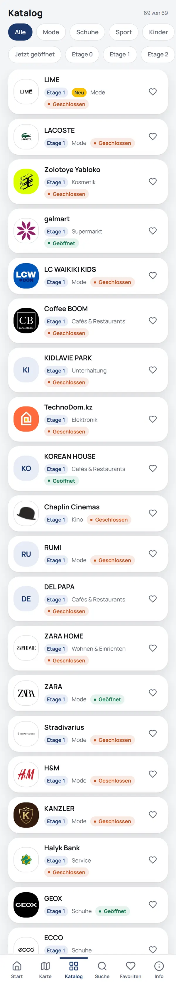 NaviGo-Katalog: Räume mit Logo, Etage, Kategorie und Öffnungsstatus