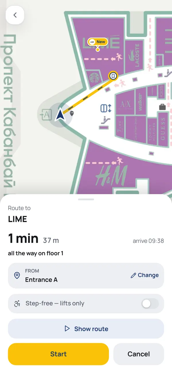 NaviGo route screen: a yellow line to the destination, travel time and distance
