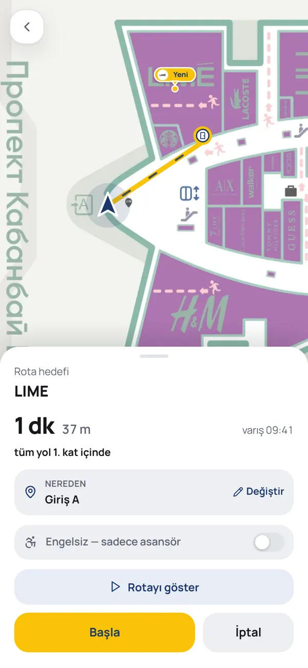 NaviGo rota ekranı: hedefe giden sarı çizgi, yürüme süresi ve mesafe